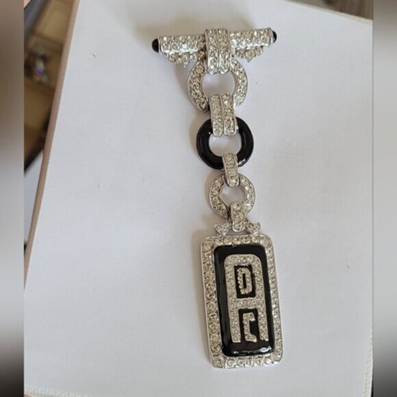 Vintage Art Deco Boho Silver Tone Drop Black Enamel Clear Rhinestone Brooch - Picture 7 of 10